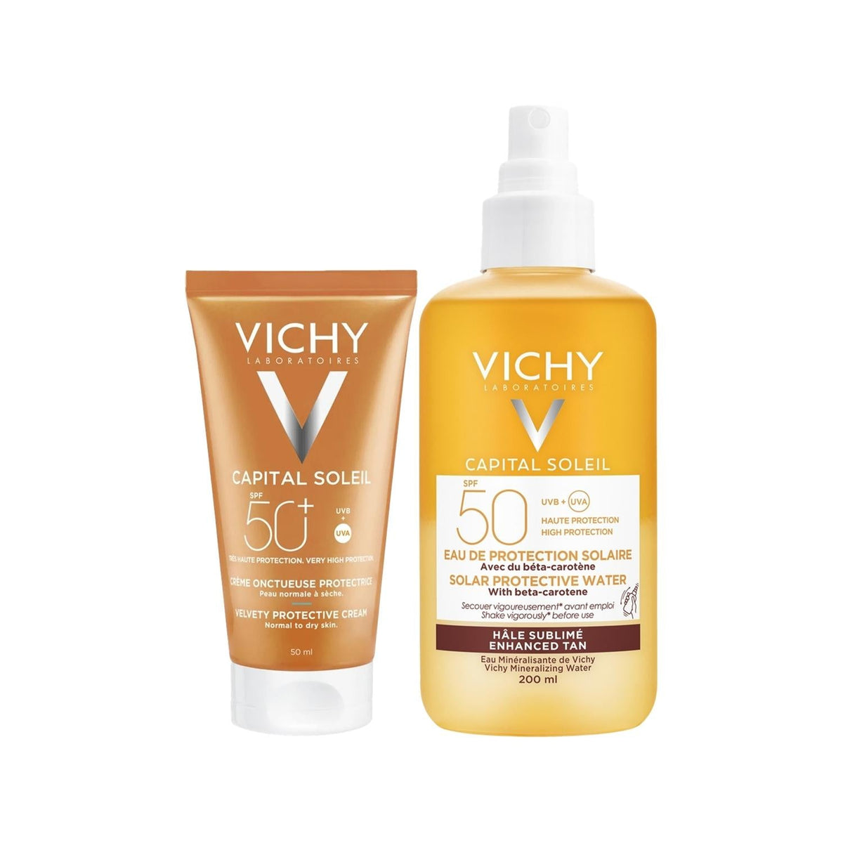 Vichy Capital Soleil sunscreen duo: bronze SPF 50+ tube and yellow SPF 50 spray on Tampa Home & Garden Store