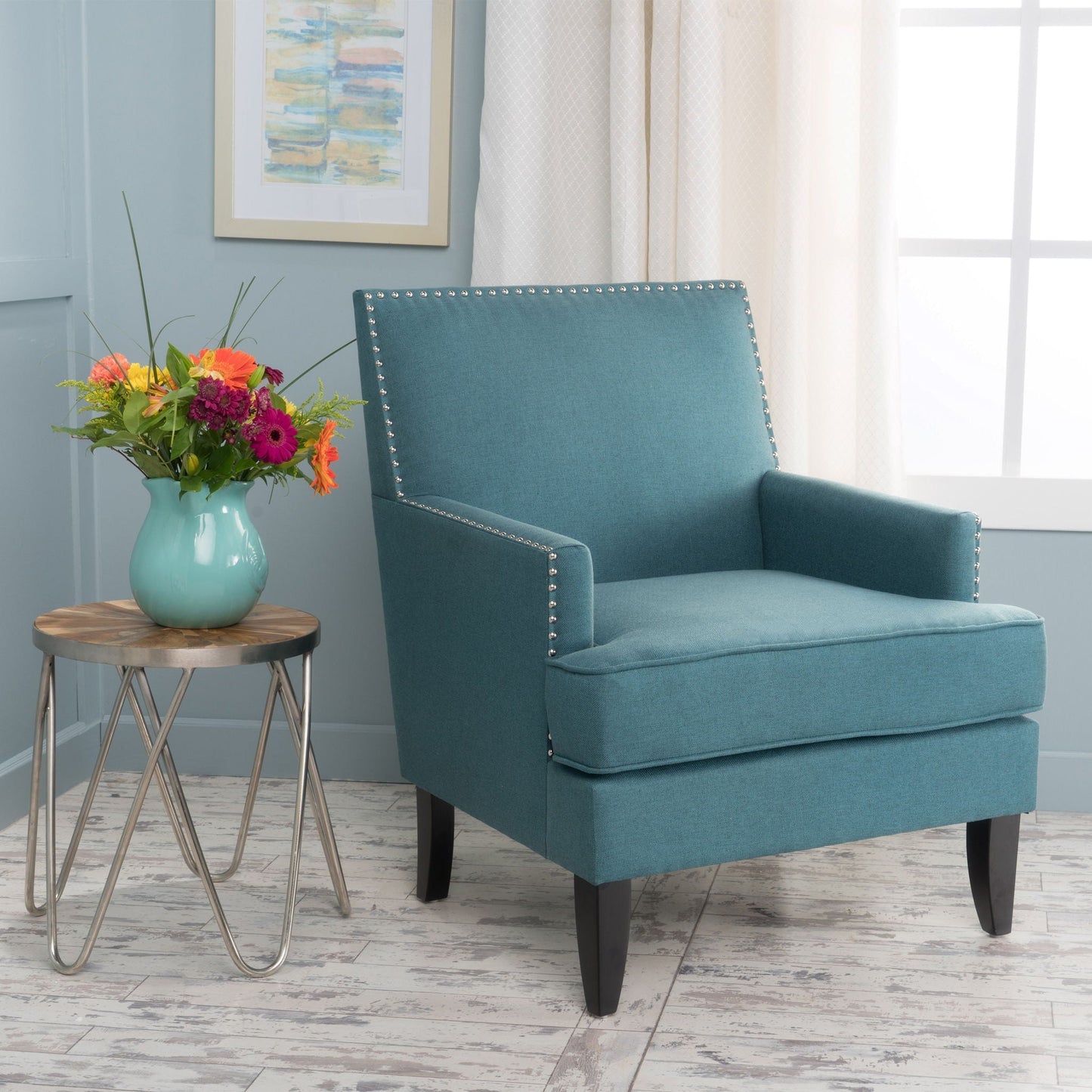 Serenada Upholstered Club Chair in teal fabric with nailhead trim and tapered birch legs on Tampa Home & Garden Store