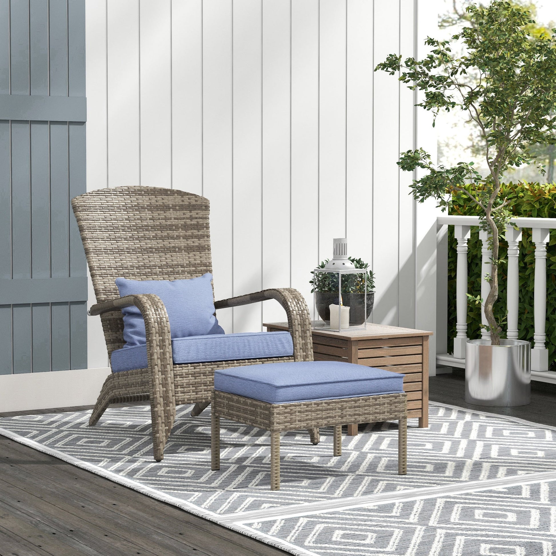 Wicker Adirondack Chair with Ottoman by HouseOfZazla outdoor furniture with blue cushions on Tampa Home & Garden Store