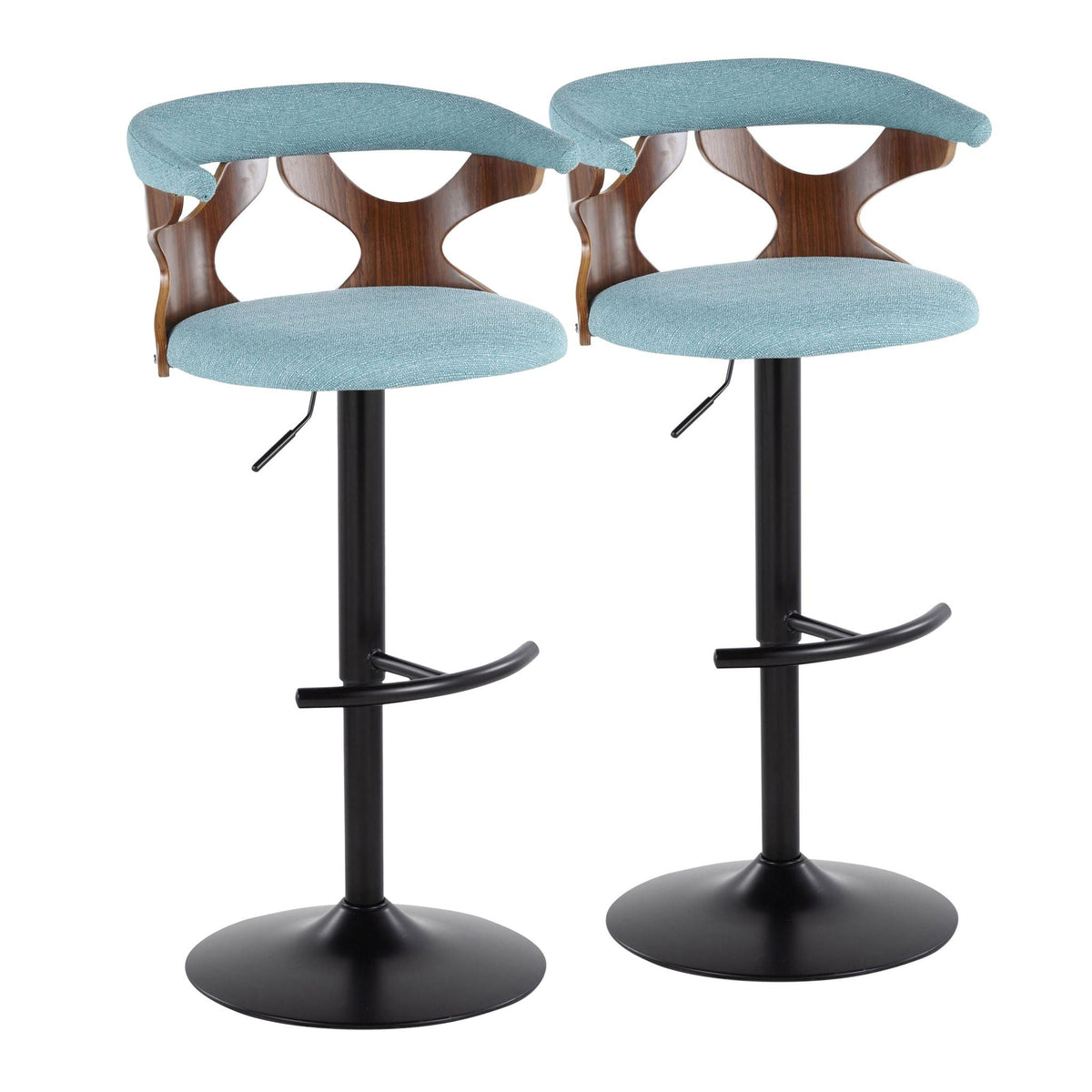 HouseOfZazla teal adjustable swivel barstools pair with curved wood backs on Tampa Home & Garden Store
