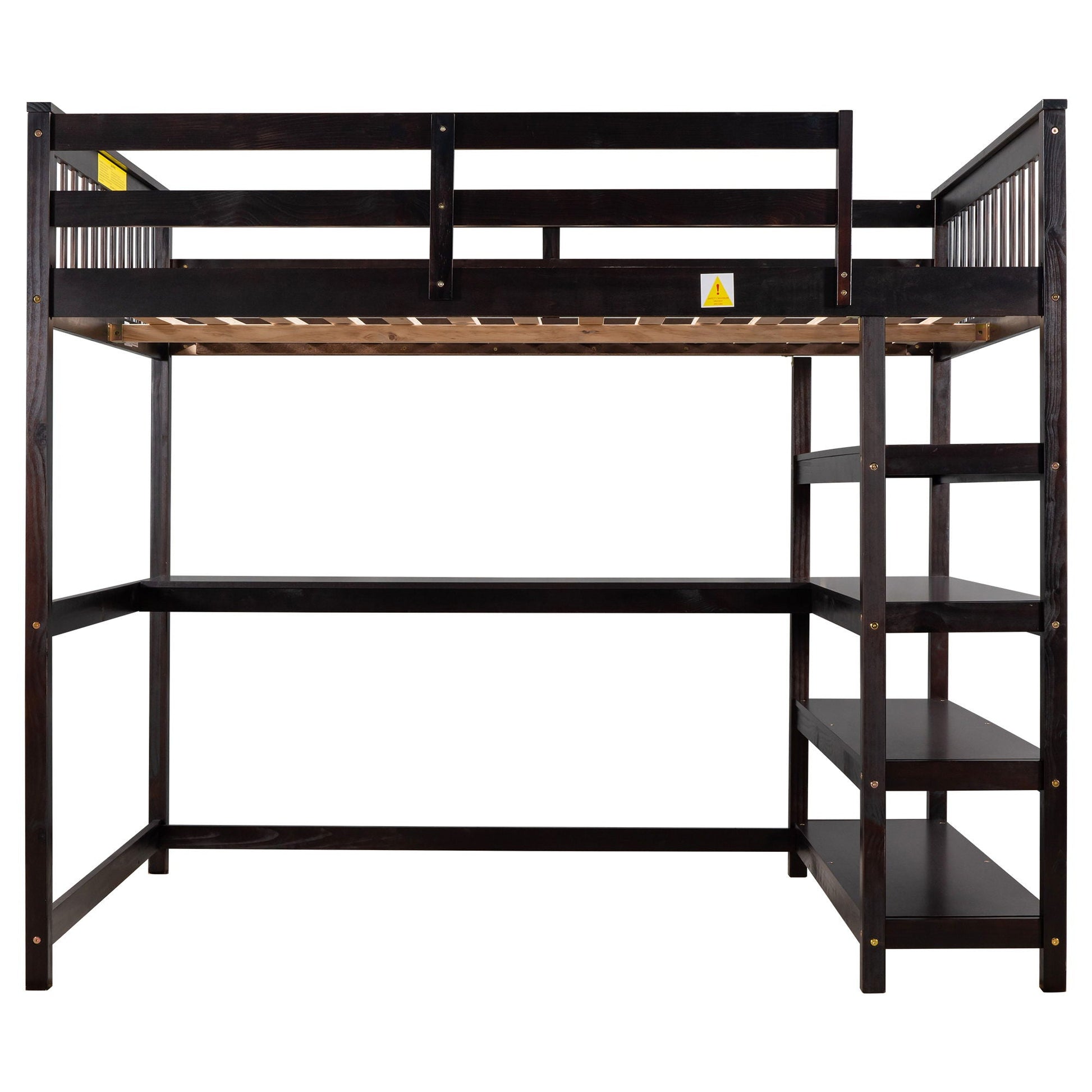 HouseOfZazla loft bed with storage shelves and under-bed desk, dark wood finish on Tampa Home & Garden Store