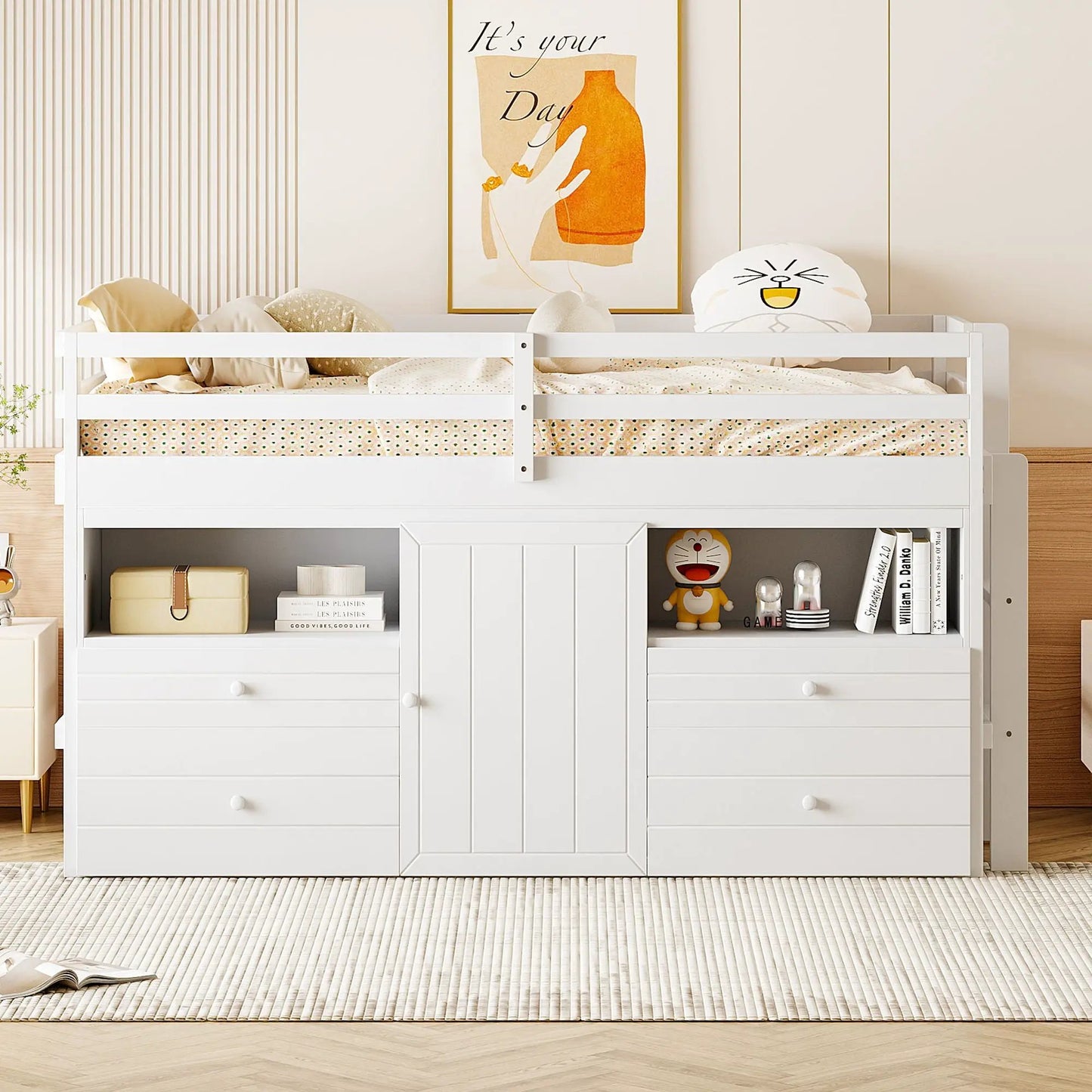 Loft Bed with Drawers and Shelves under Cabinet