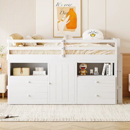 Loft Bed with Drawers and Shelves under Cabinet