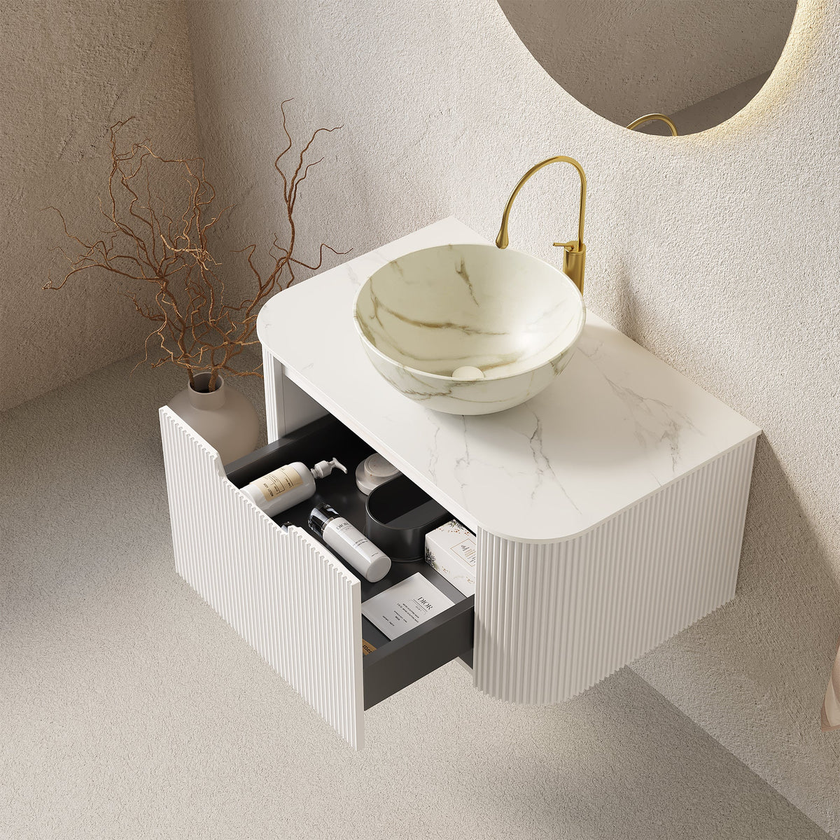 Modern 30-inch bathroom vanity with ceramic marble sink, white ribbed cabinet, gold faucet on Tampa Home & Garden Store