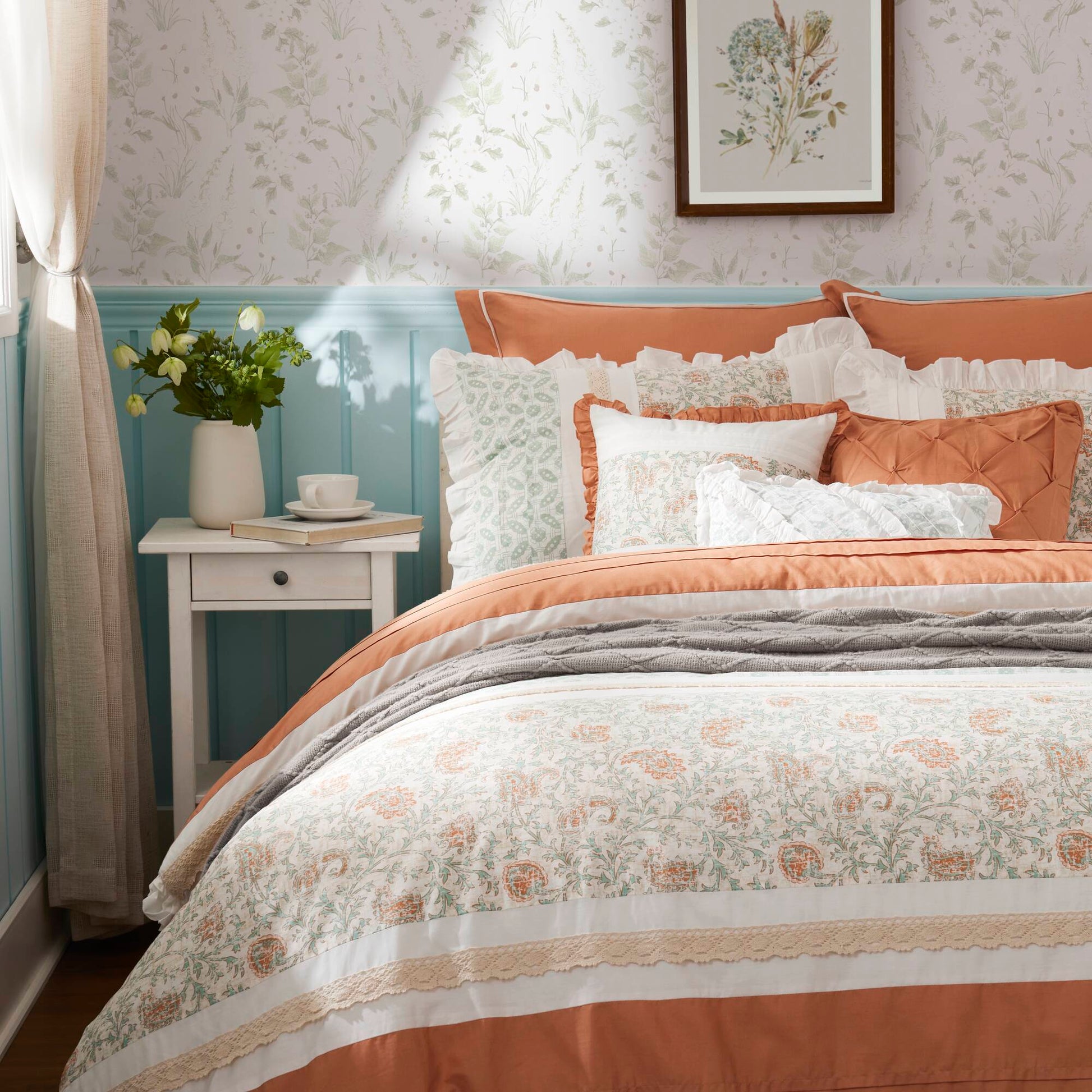 9-Piece Queen Coral Cotton Percale Comforter Set with white piping in a pastel floral bedroom on Tampa Home & Garden Store