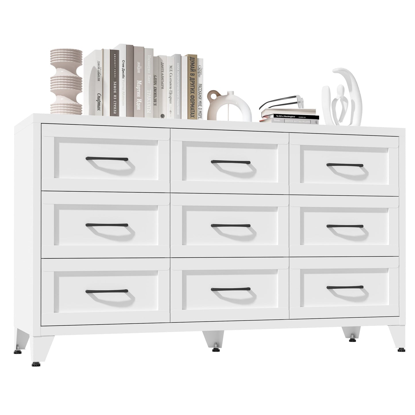 9 Drawer White Metal Dresser with Quiet-Glide Rails, topped with books and decor on Tampa Home & Garden Store