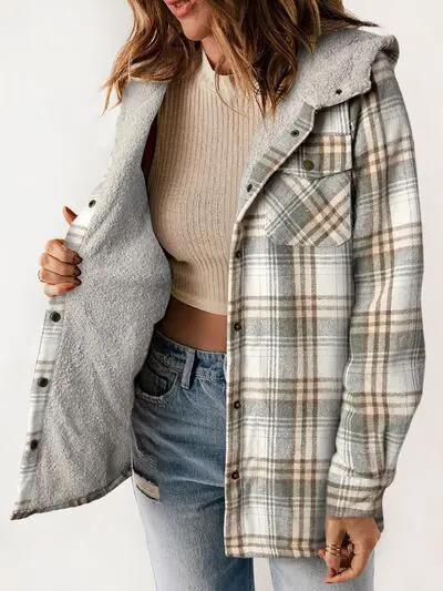Plaid Snap Down Plush Hooded Jacket Women Warm