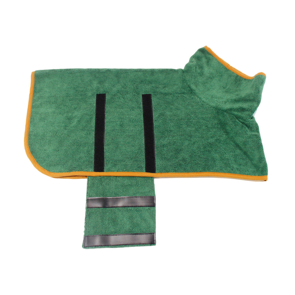 Absorbent Pet Bathrobe in green microfiber with orange trim and waist belt, Pet Zen brand on Tampa Home & Garden Store