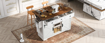 K&K 53.7 Farmhouse Kitchen Island with Power Outlet white base, dark wood top, drawers on Tampa Home & Garden Store