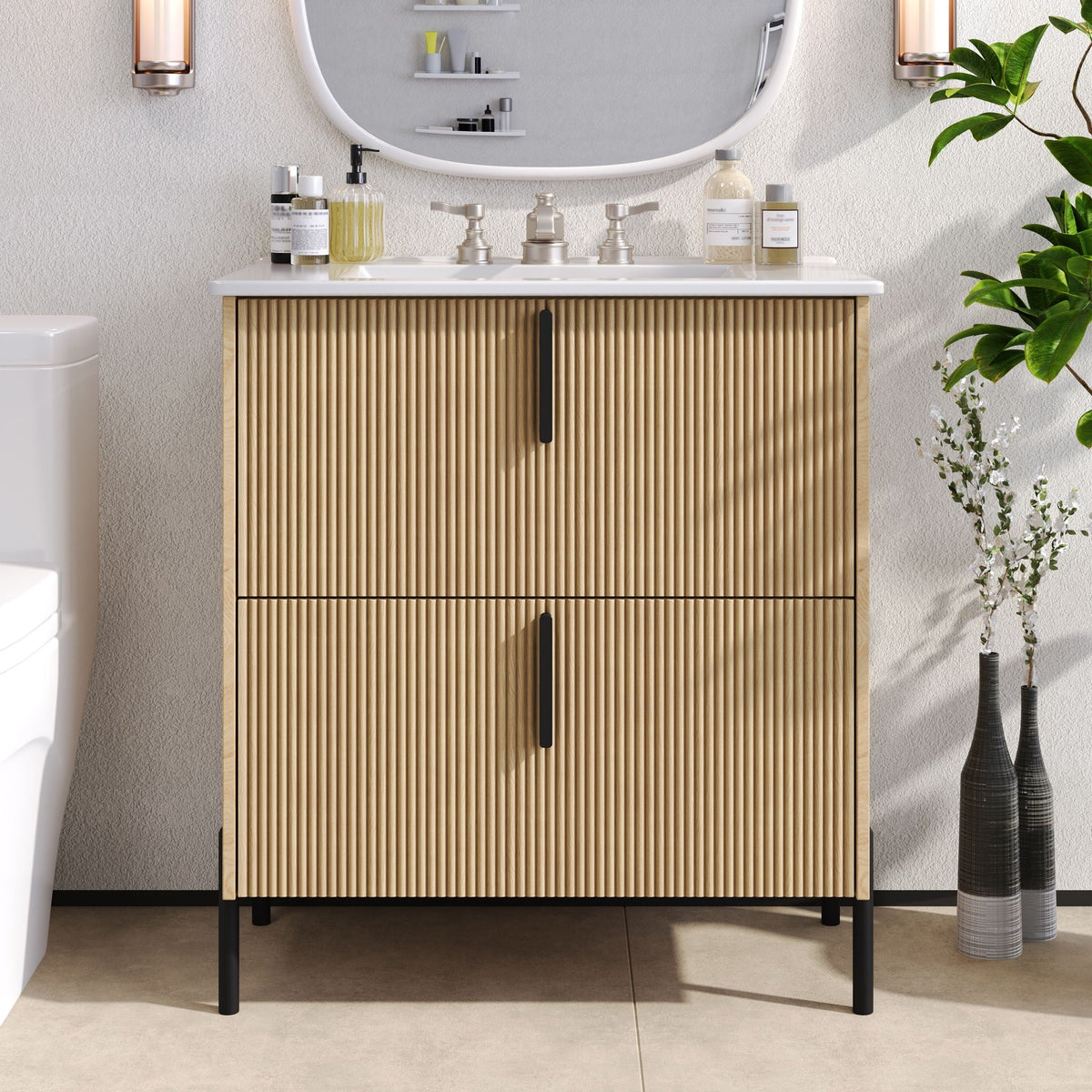 Bathroom vanity with ceramic sink and fluted light brown wood cabinet by HouseOfZazla on Tampa Home & Garden Store