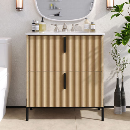 Bathroom vanity with ceramic sink and fluted light brown wood cabinet by HouseOfZazla on Tampa Home & Garden Store