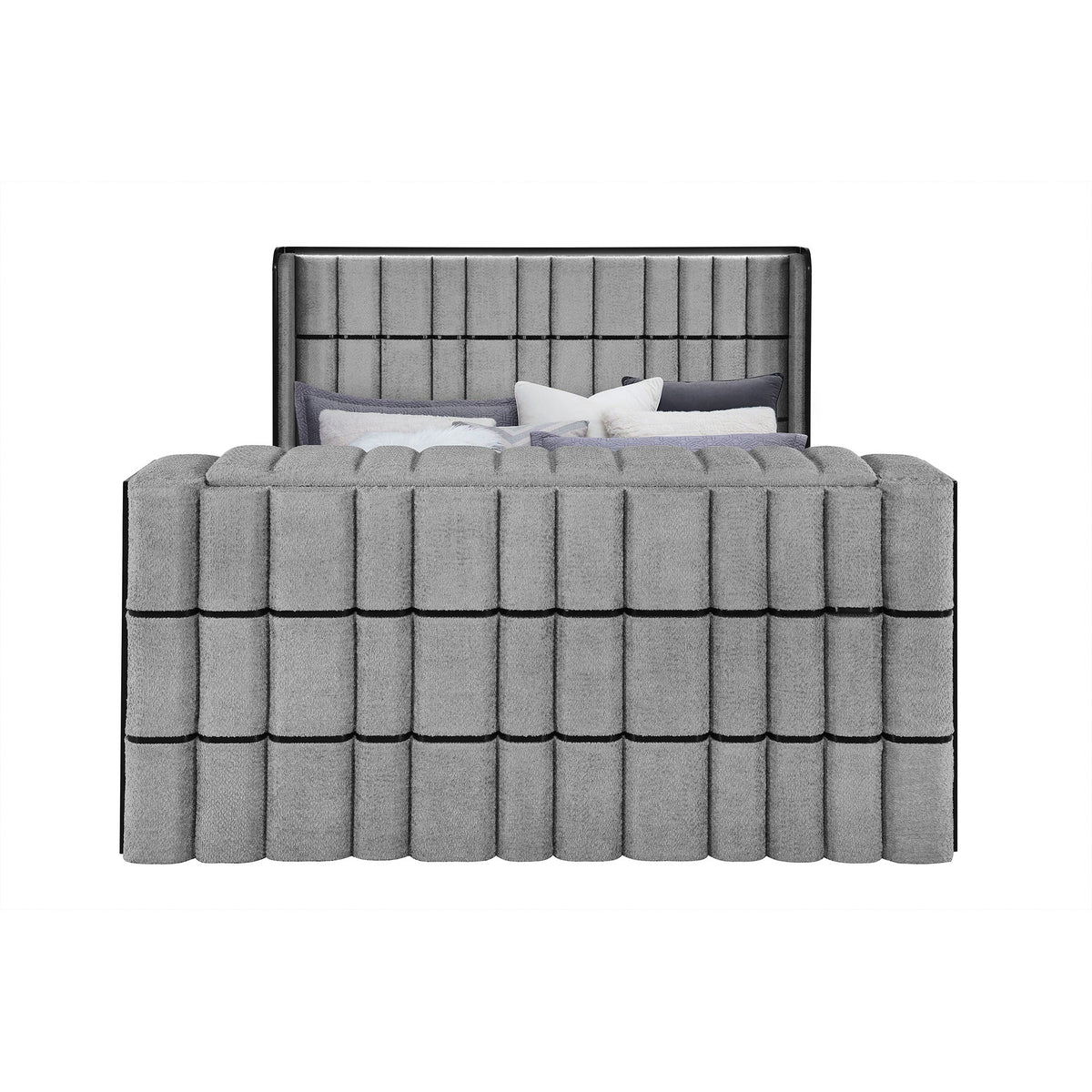 Isaiah upholstered bed with tall tufted gray headboard and matching footboard on Tampa Home & Garden Store