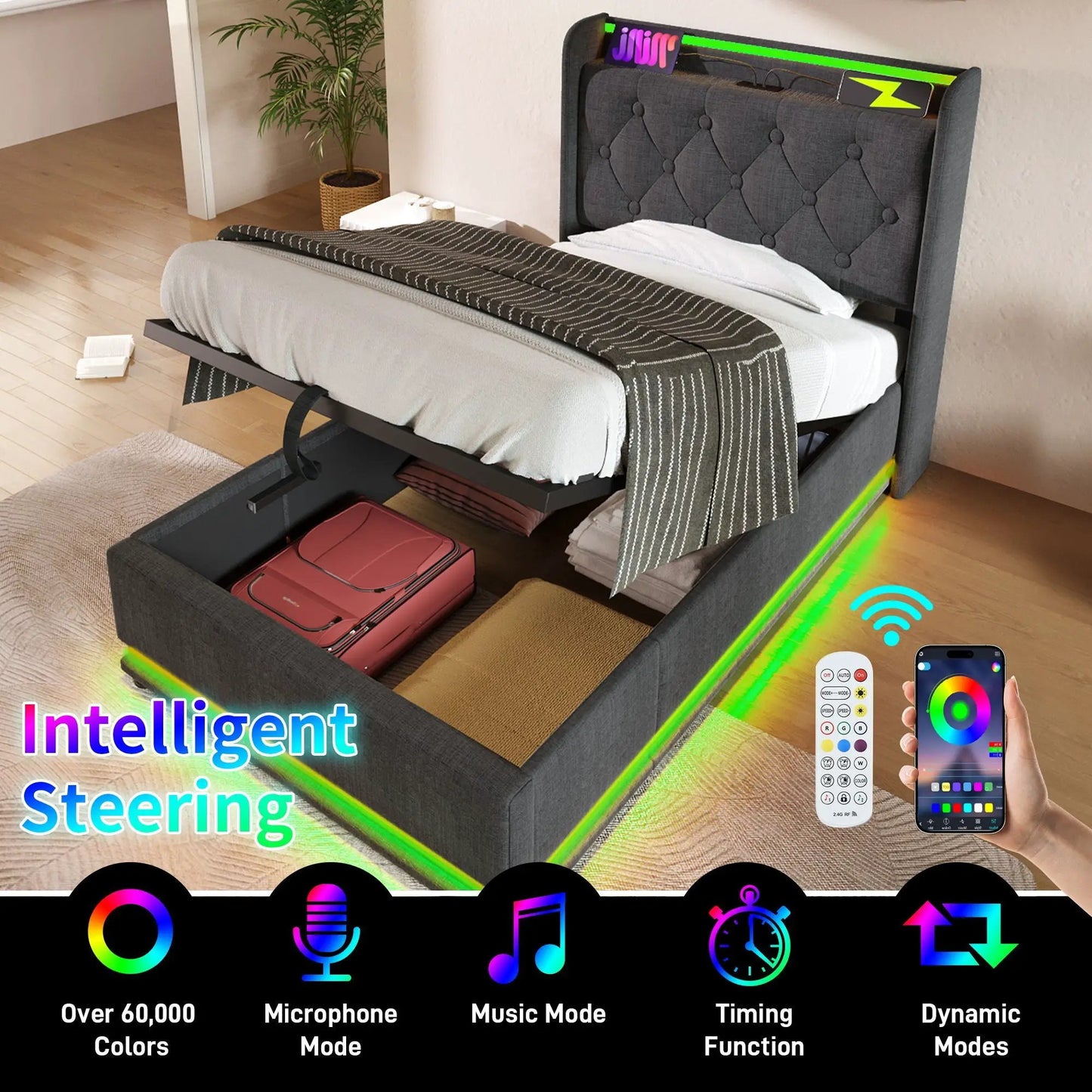 Unique Piece Furniture upholstered storage bed with 360LED, hydraulic lift, remote USB-C on Tampa Home & Garden Store