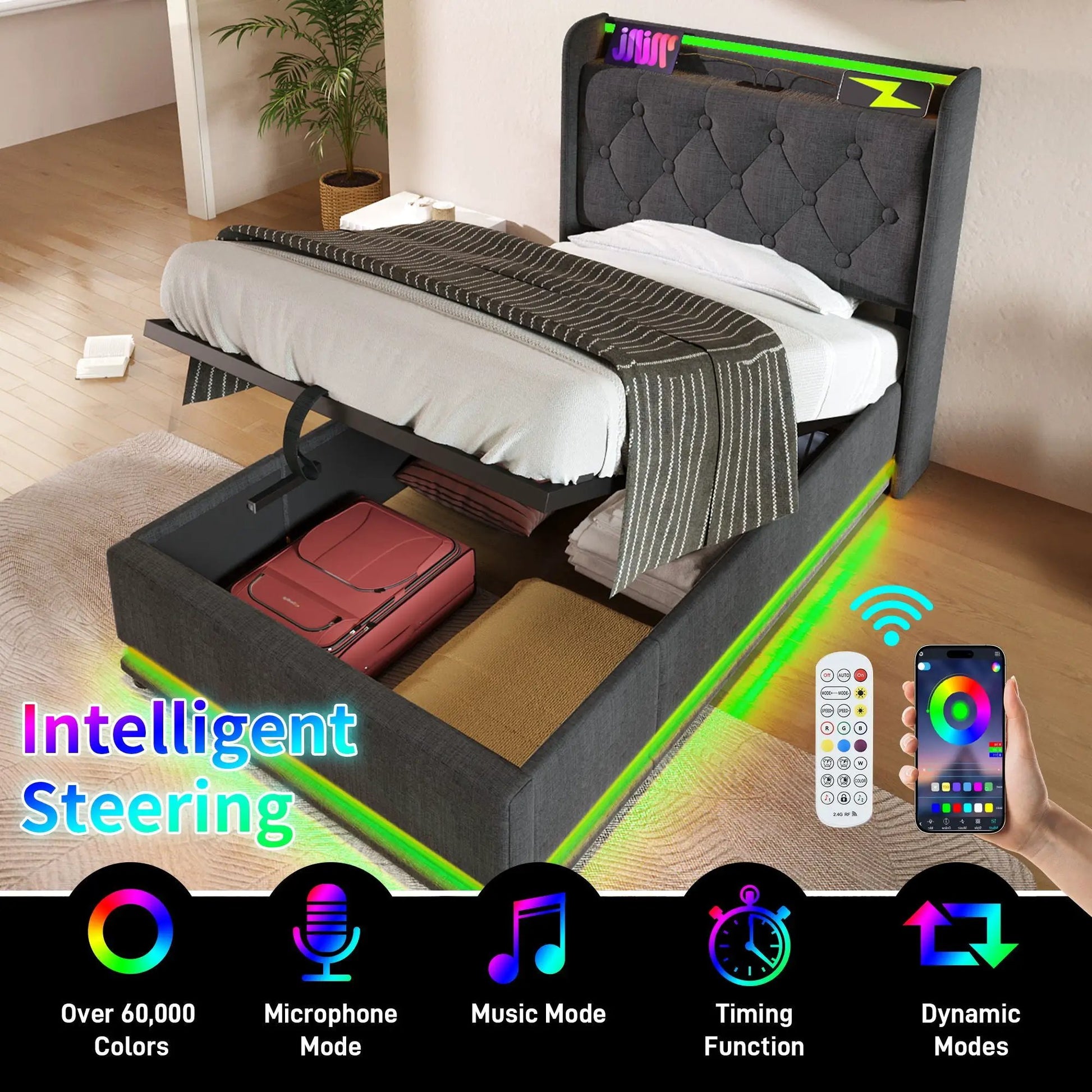 Unique Piece Furniture upholstered storage bed with 360LED, hydraulic lift, remote USB-C on Tampa Home & Garden Store