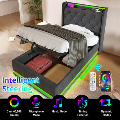 Unique Piece Furniture upholstered storage bed with 360LED, hydraulic lift, remote USB-C on Tampa Home & Garden Store
