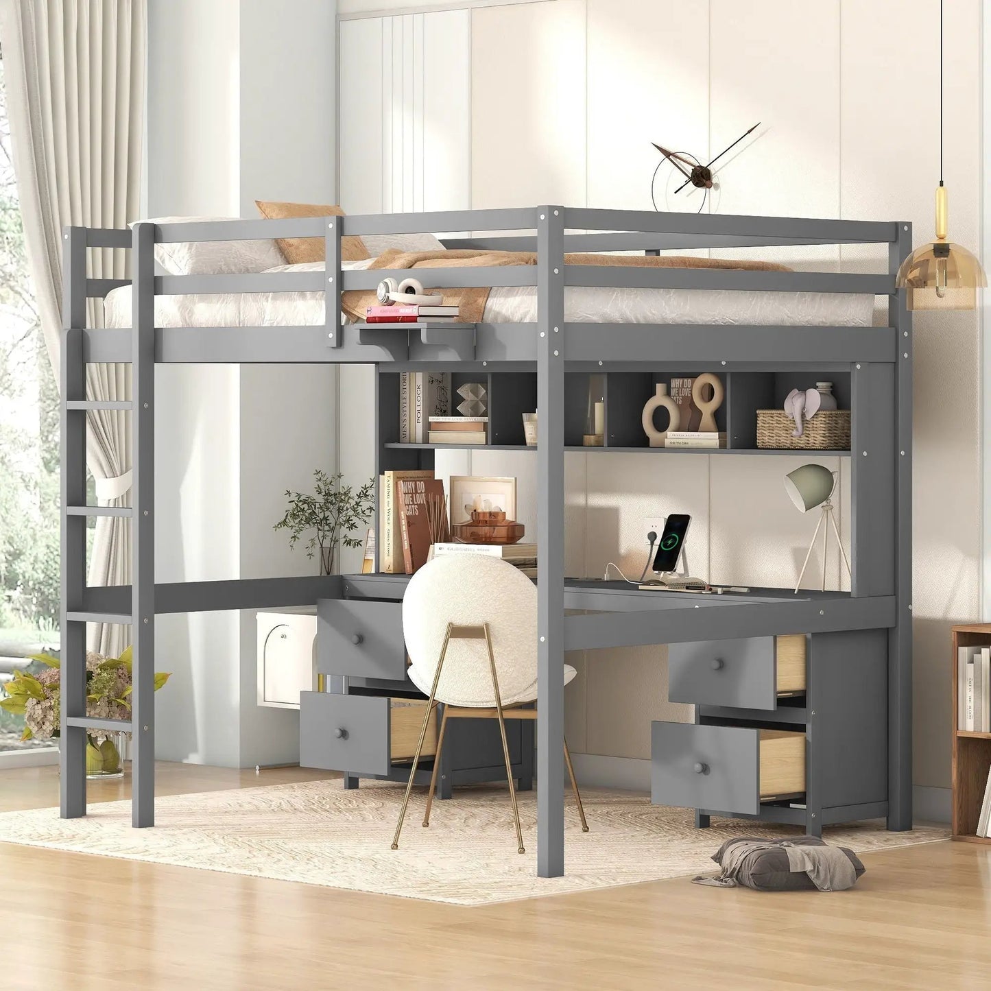 Loft Bed With Desk and Storage Charging Station