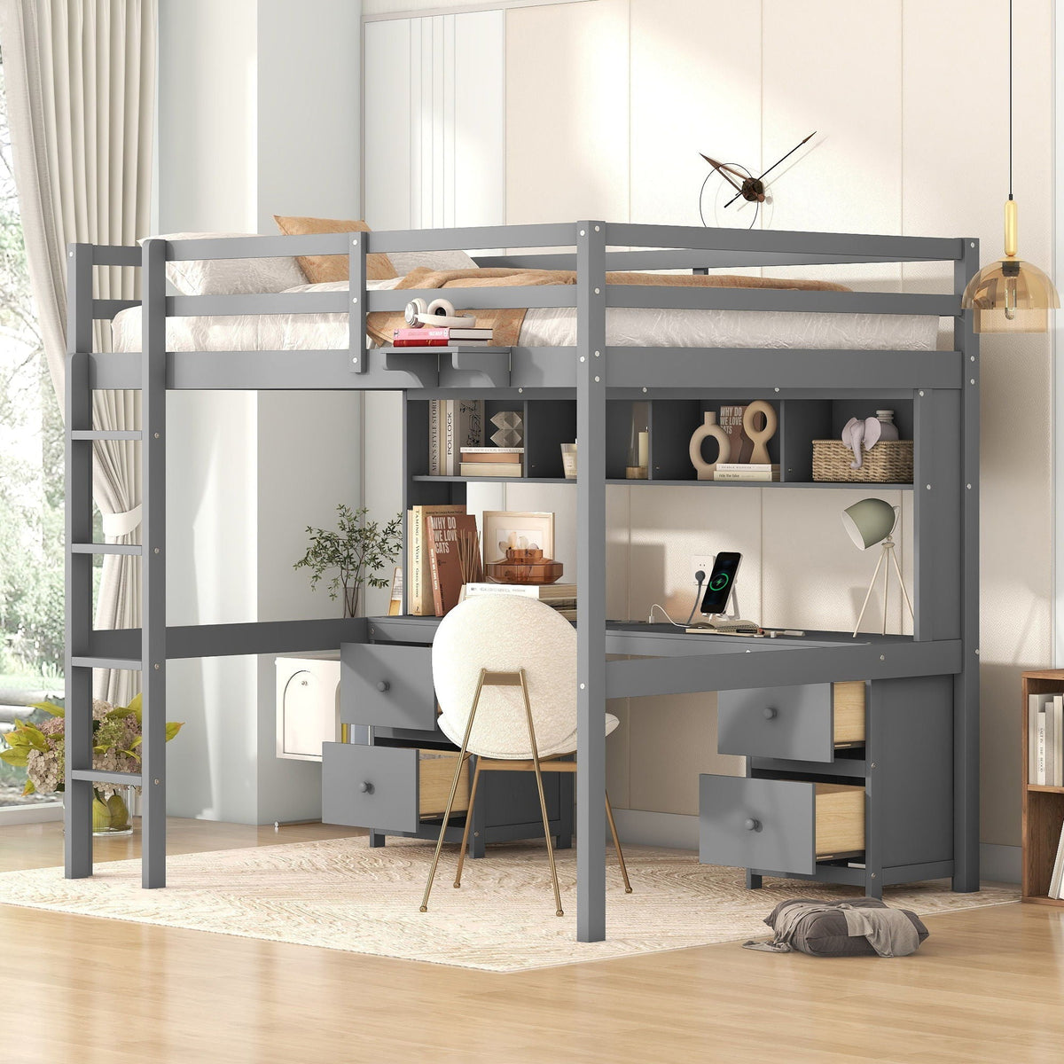 Loft bed with desk, cabinets, drawers, charging station and bedside tray by HouseOfZazla on Tampa Home & Garden Store