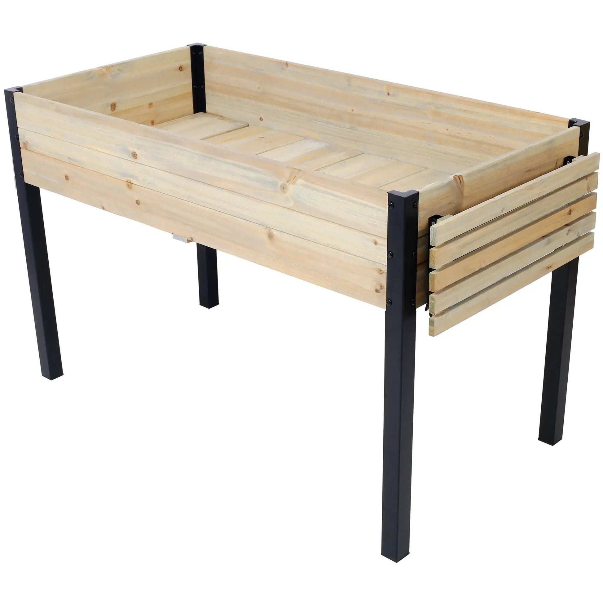 Raised wooden garden bed by Unique Piece Furniture with black metal legs and folding shelf on Tampa Home & Garden Store