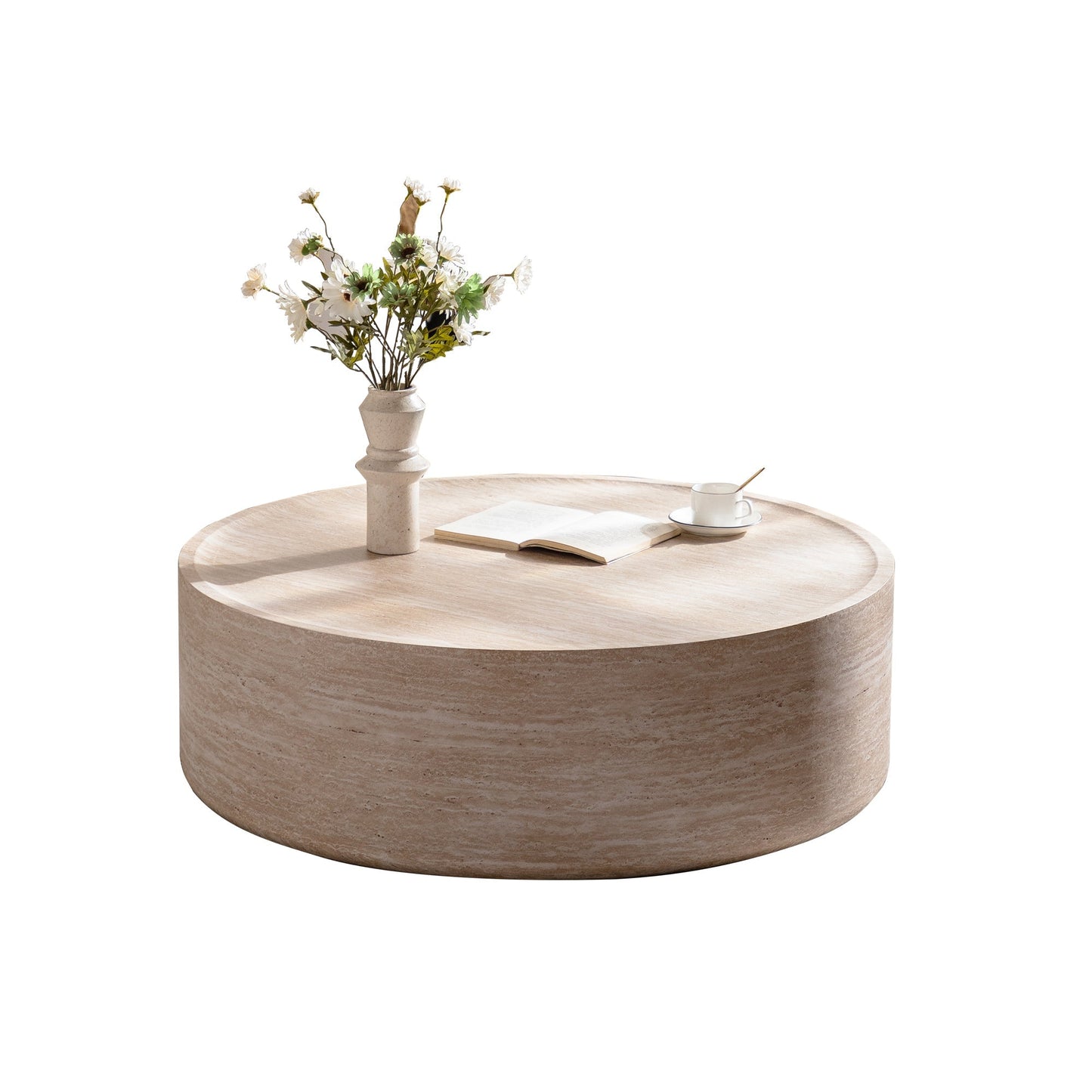 Round coffee table in light wood finish with Mars pattern; vase of white flowers on top on Tampa Home & Garden Store
