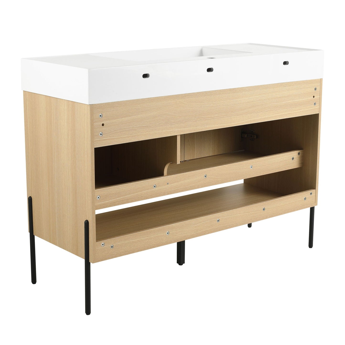 Modern bathroom vanity combo with white resin sink and natural wood storage cabinet on Tampa Home & Garden Store