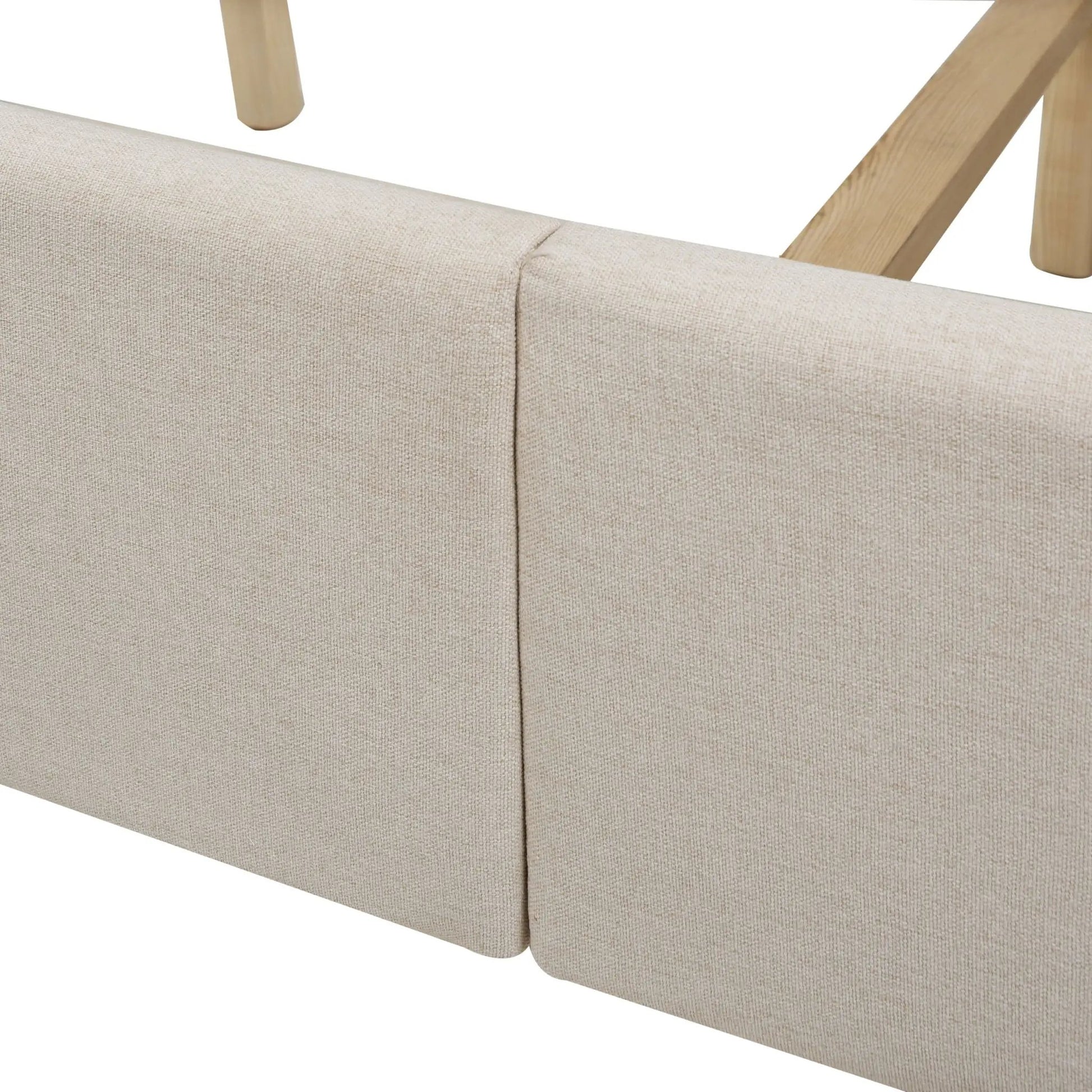 Marcella upholstered shelter headboard bed set beige fabric with light wood legs on Tampa Home & Garden Store
