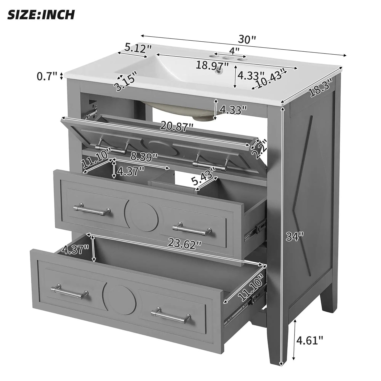 Retro freestanding bathroom vanity with sink, gray finish, 3-drawer cabinet by Unique Piece Furniture on Tampa Home & Garden Store
