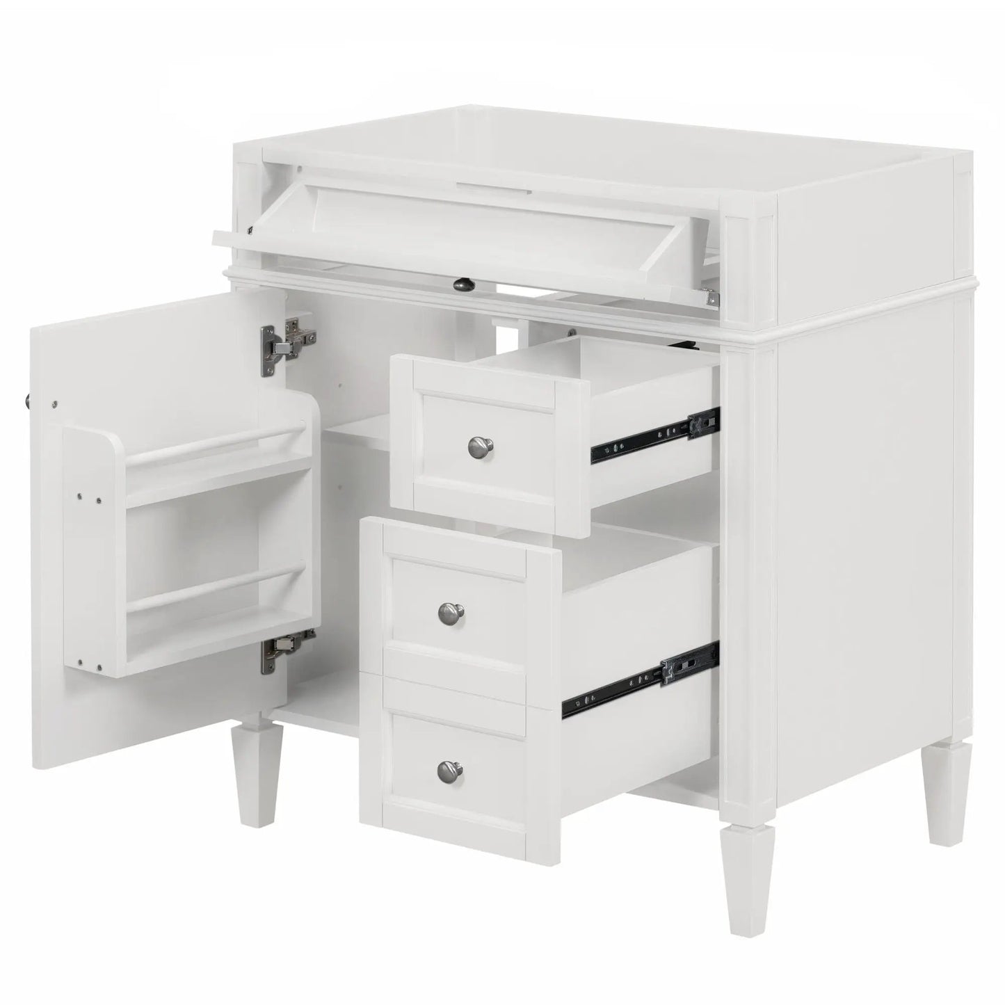 White bathroom vanity with 2 drawers, tip-out drawer, and storage cabinet on Tampa Home & Garden Store