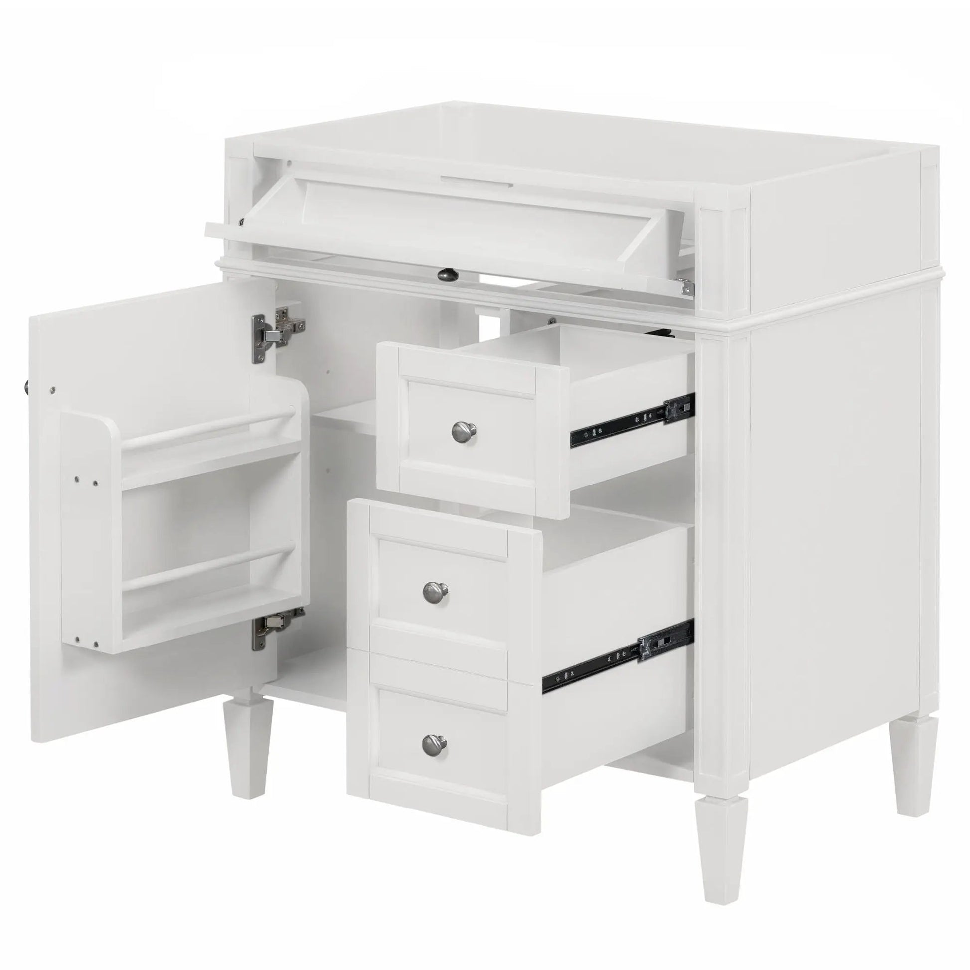 White bathroom vanity with 2 drawers, tip-out drawer, and storage cabinet on Tampa Home & Garden Store