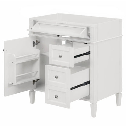 White bathroom vanity with 2 drawers, tip-out drawer, and storage cabinet on Tampa Home & Garden Store