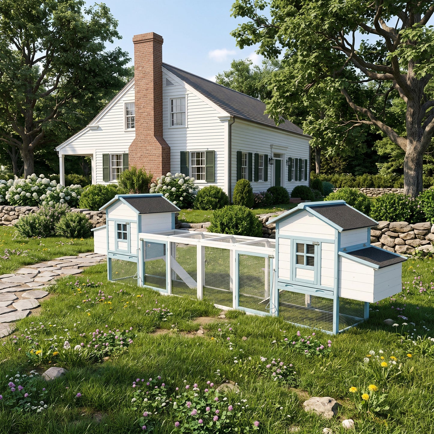 Large wooden chicken coop with double nesting boxes, set of 4 blue coops with wire pens in a garden on Tampa Home & Garden Store