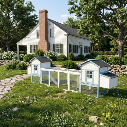 Large wooden chicken coop with double nesting boxes, set of 4 blue coops with wire pens in a garden on Tampa Home & Garden Store