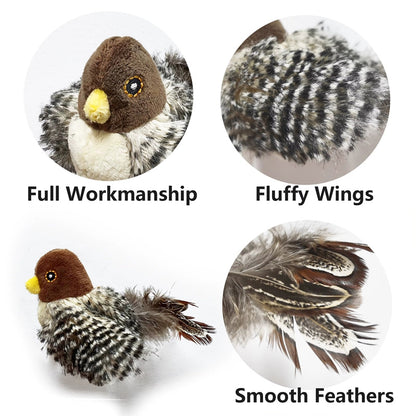 Interactive cat toy plush bird with brown head, speckled body and fluffy wings smooth feathers on Tampa Home & Garden Store