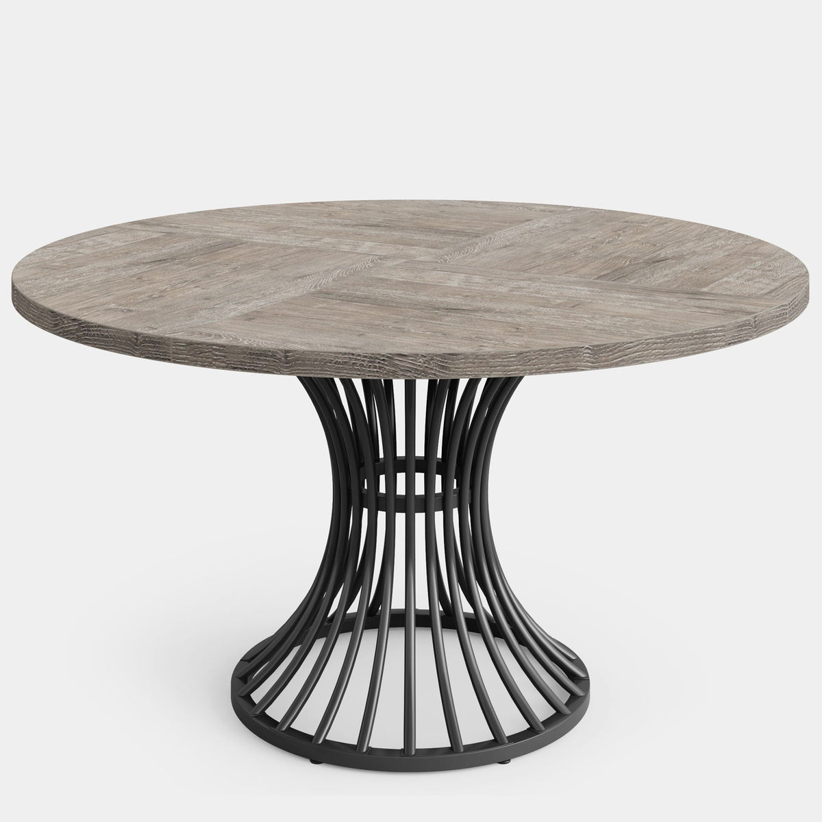 Round dining table for 4–6 with gray wood top and sculpted black metal base HouseOfZazla on Tampa Home & Garden Store