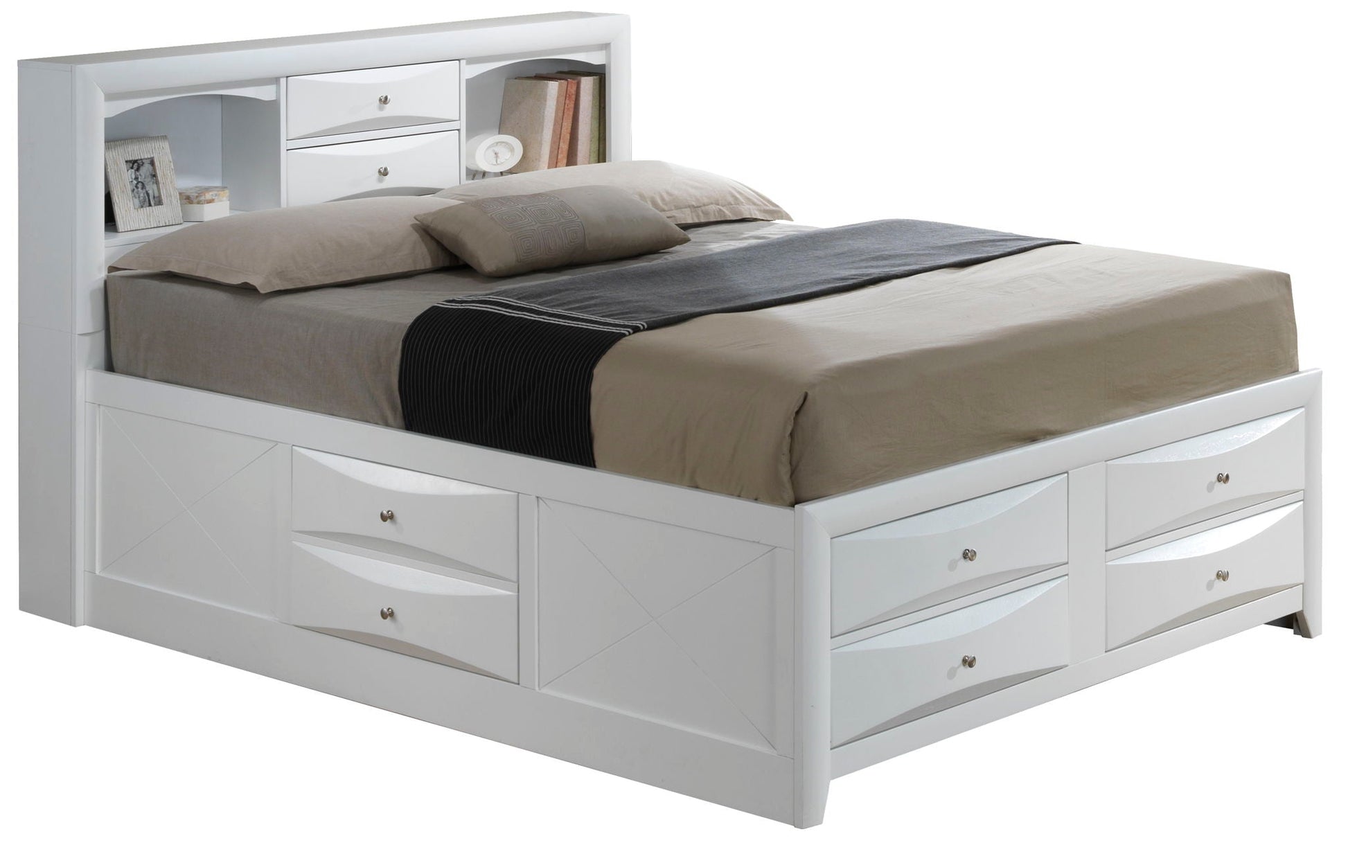 Storage bed with bookcase headboard, white finish, built-in drawers, HouseOfZazla on Tampa Home & Garden Store