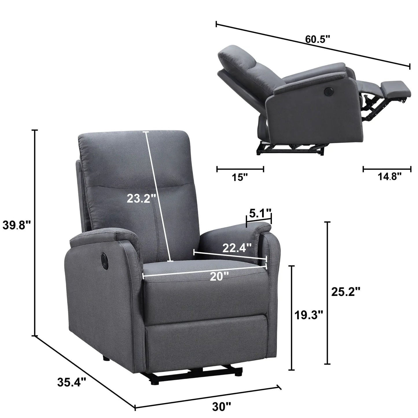 Gray power recliner chair by Unique Piece Furniture with easy control for living room on Tampa Home & Garden Store