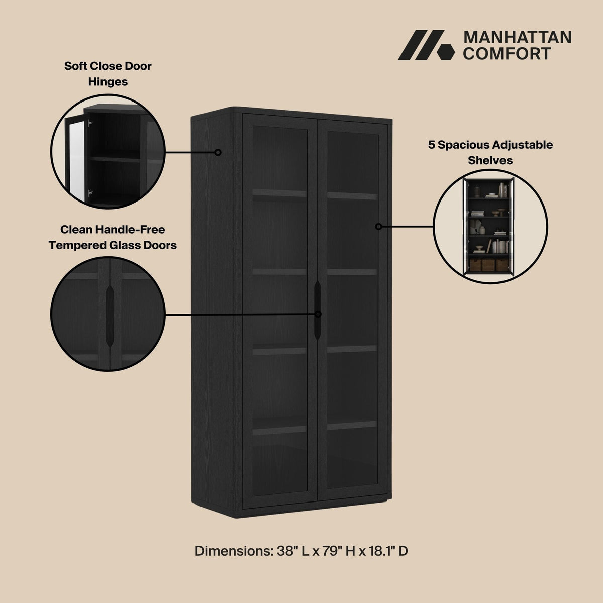 Bookcase cabinet with tempered glass doors and 5 adjustable shelves in black finish by HouseOfZazla on Tampa Home & Garden Store