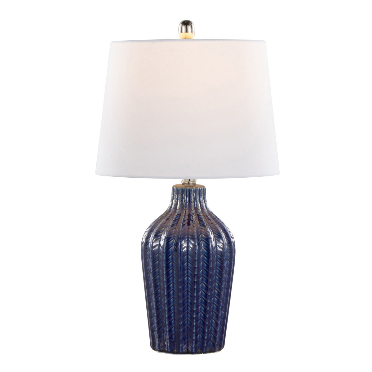 Rockwell table lamp blue glass base with diamond texture white shade metal finial on Tampa Home & Garden Store