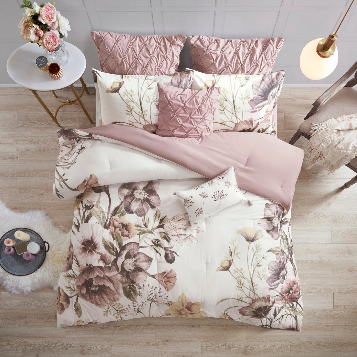 8 Piece Blush Floral Comforter and Pillowcase