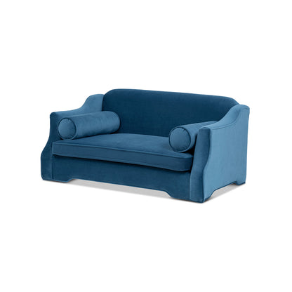 Paloma 35.5in Dog Sofa Bed Medium satin blue with rolled bolster pillows on Tampa Home & Garden Store
