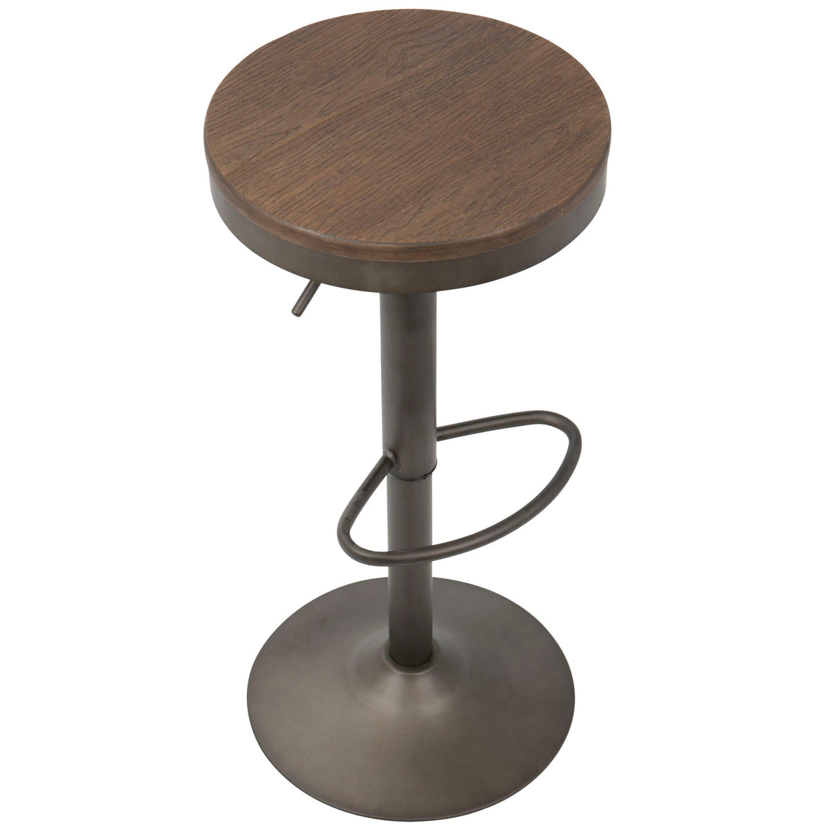 Industrial adjustable barstool with round dark brown wood seat, swivel, and metal base on Tampa Home & Garden Store