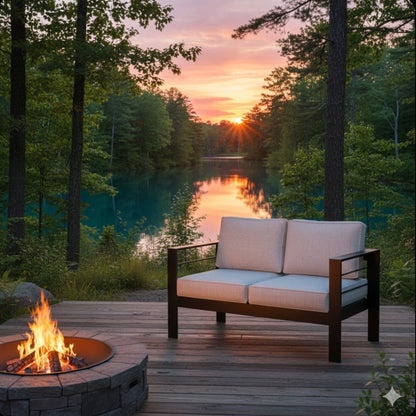 All-Weather Loveseat with white cushions on dark brown frame beside a fire pit at sunset on Tampa Home & Garden Store