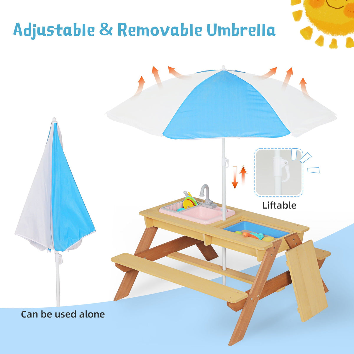 Kids cedar picnic table with built-in sand and water play tray, blue umbrella, HouseOfZazla on Tampa Home & Garden Store