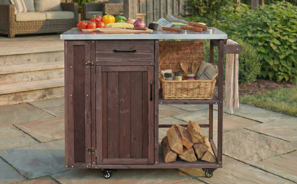 Outdoor Kitchen Island Fir Wood Prep Station with stainless top and wheel storage HouseOfZazla on Tampa Home & Garden Store