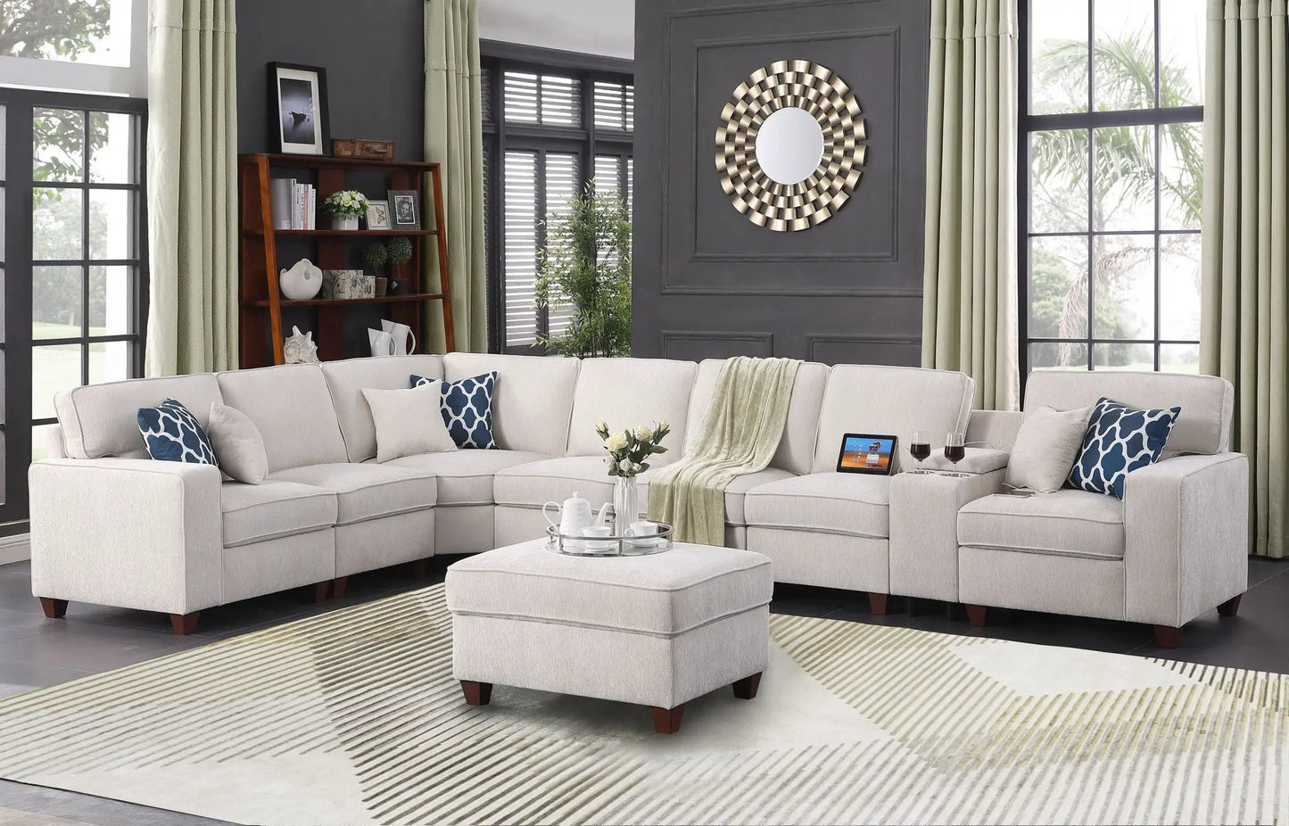Ted - Sectional Sofa With Ottoman - Beige beige fabric 2-piece living room set with blue pillows on Tampa Home & Garden Store