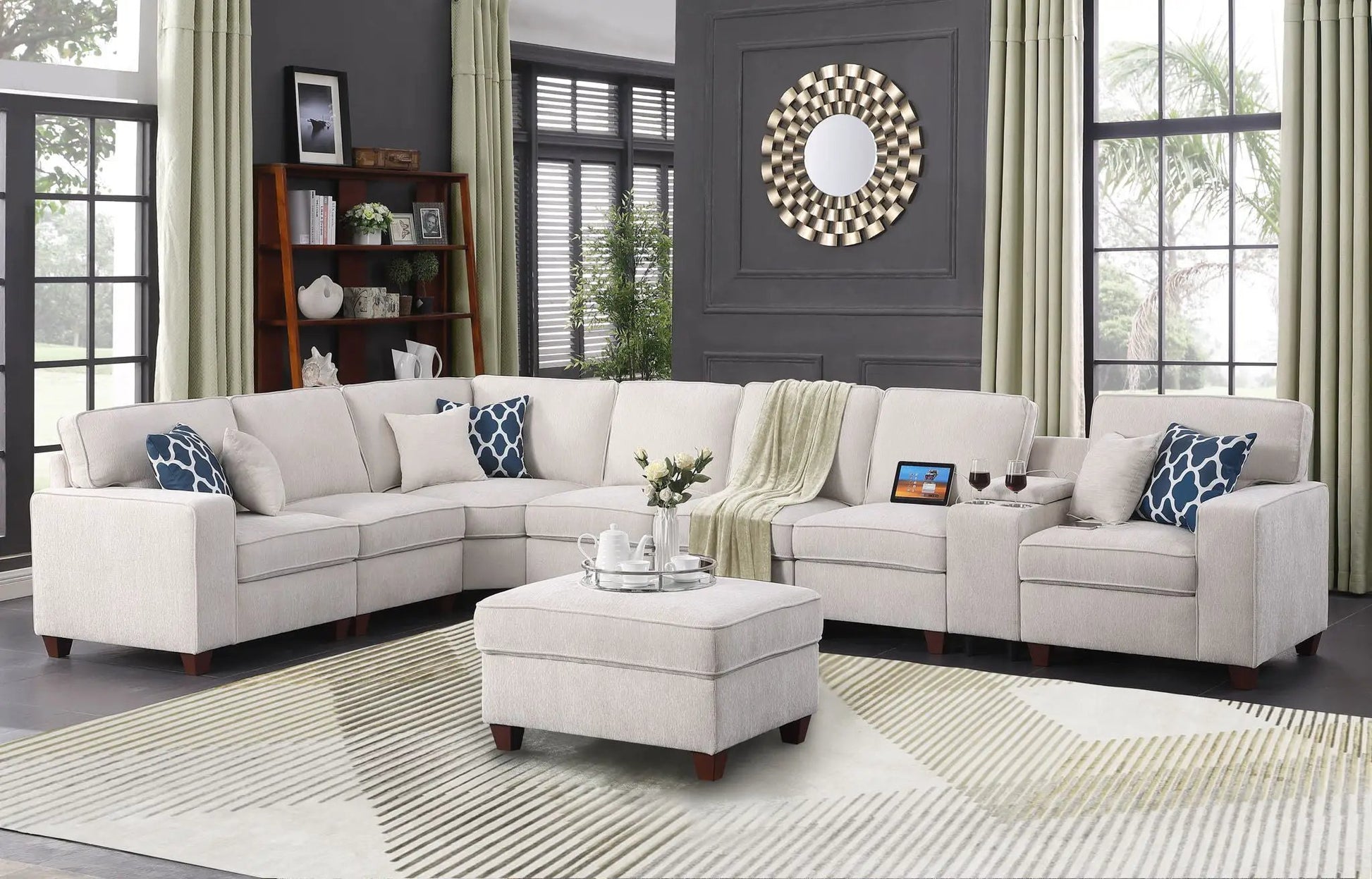 Ted - Sectional Sofa With Ottoman - Beige beige fabric 2-piece living room set with blue pillows on Tampa Home & Garden Store