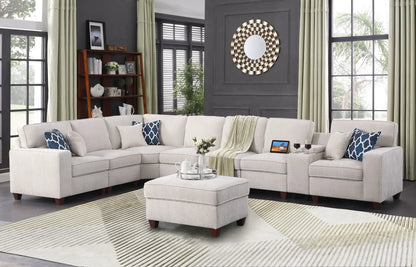 Ted - Sectional Sofa With Ottoman - Beige beige fabric 2-piece living room set with blue pillows on Tampa Home & Garden Store