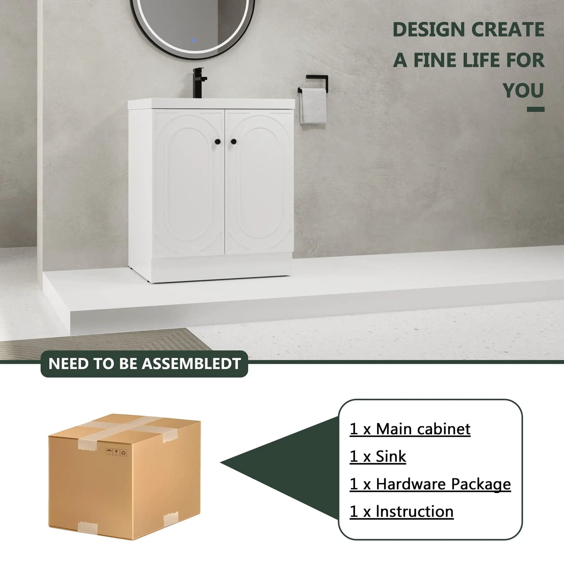 Contemporary freestanding vanity, white cabinet with resin sink, black faucet, soft-close on Tampa Home & Garden Store