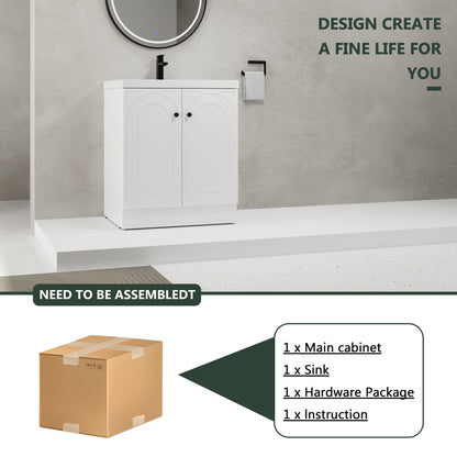 Freestanding Bath Vanity With Resin Sink And Door, white 2-door cabinet, black faucet and knobs on Tampa Home & Garden Store
