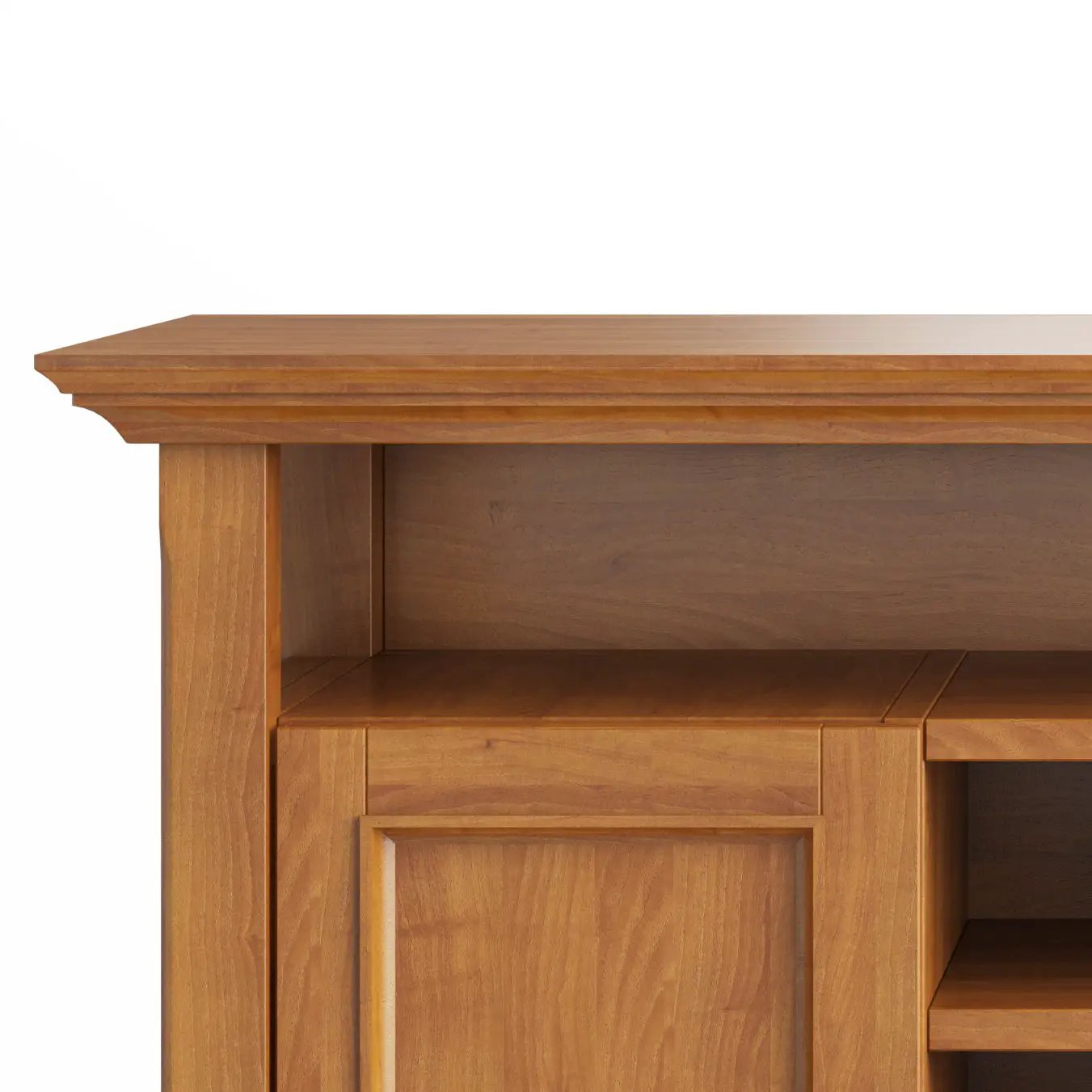 Amherst TV Media Stand handcrafted in warm oak finish with carved molding on Tampa Home & Garden Store