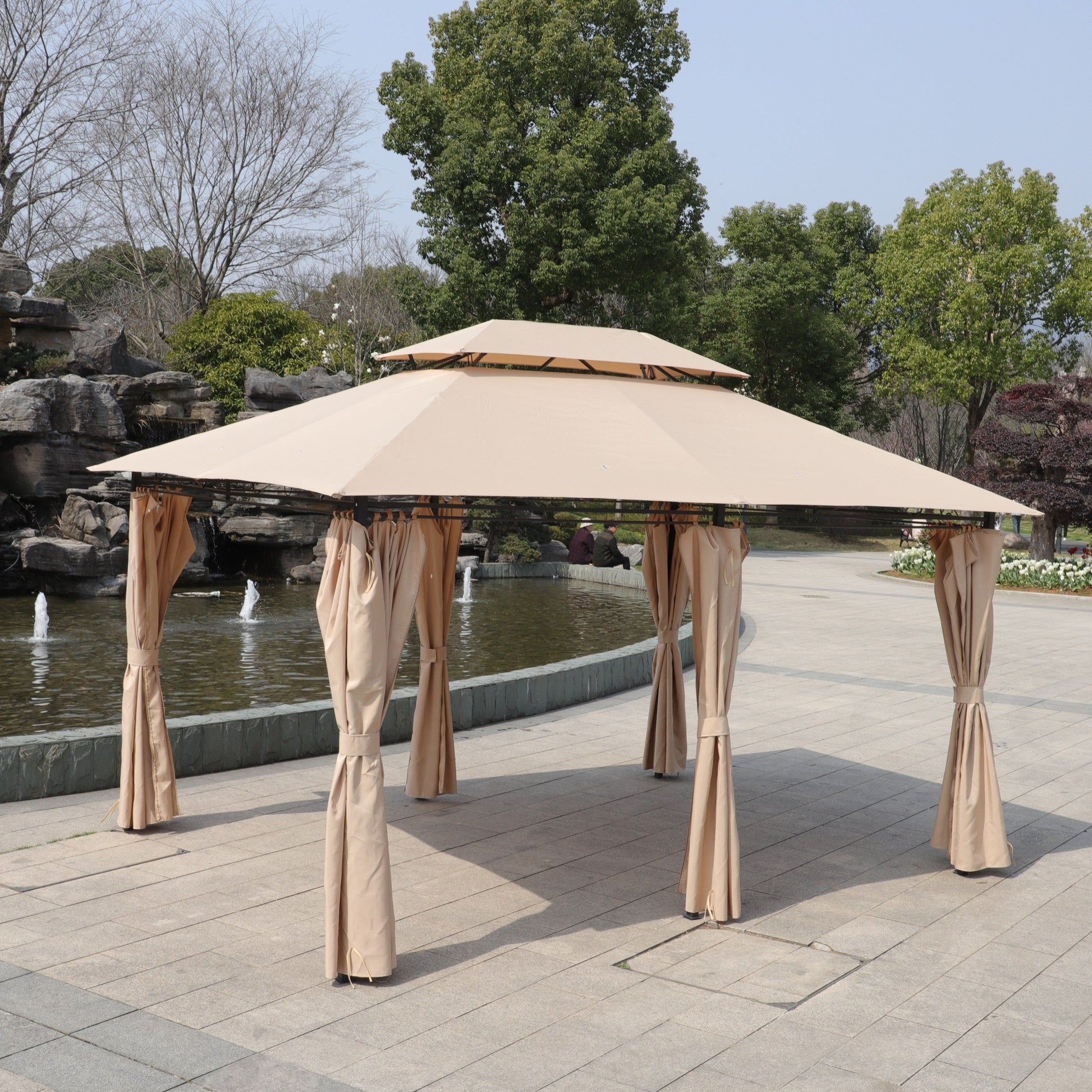 Khaki outdoor patio gazebos with draped curtains and ventilated double roof, multiple tents on Tampa Home & Garden Store